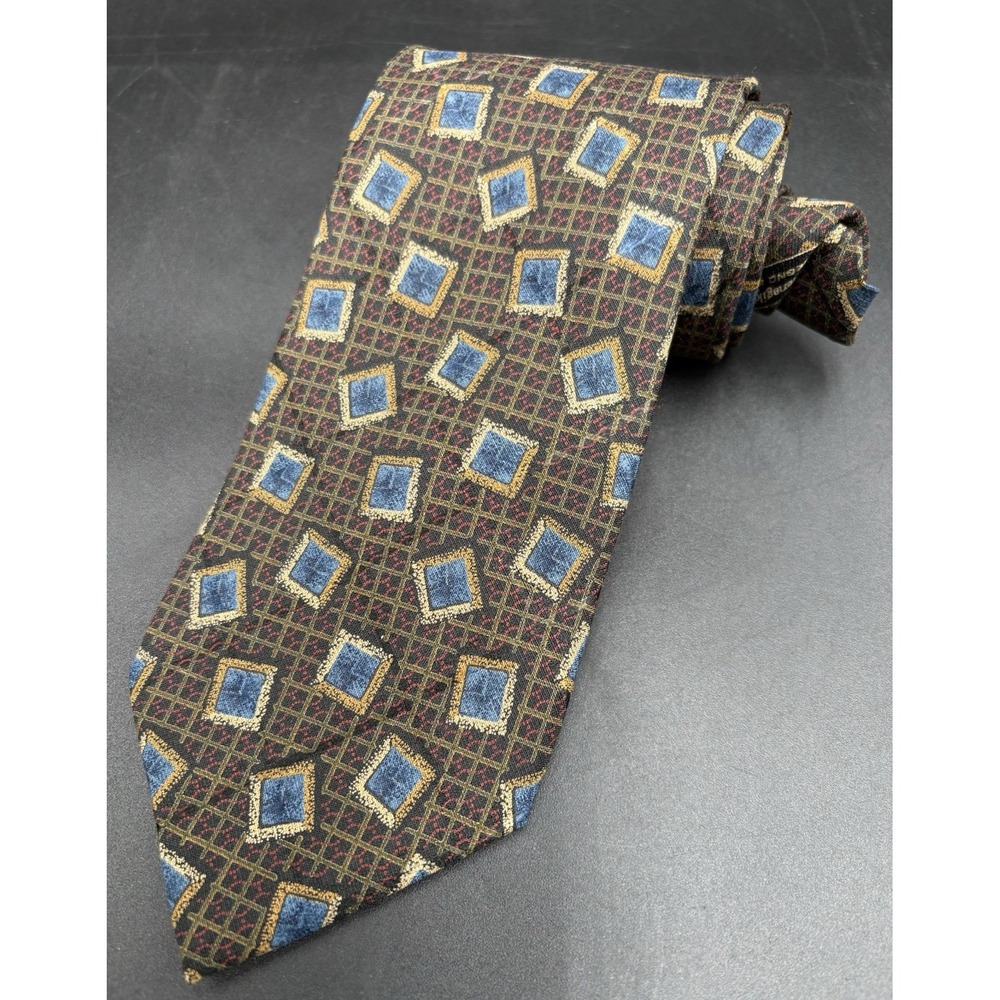 ERMENEGILDO ZEGNA Men's Tie 100% Silk 60" ITALY Luxury Geometric Green Blue GUC